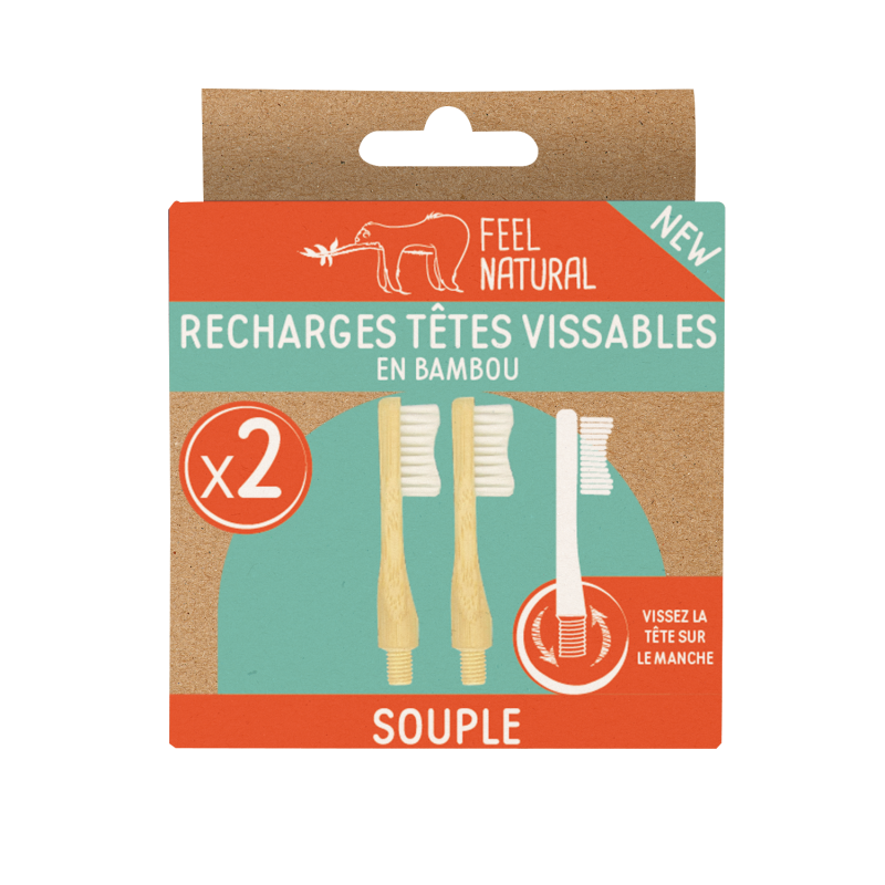 Lot de 2 recharges brosse à dents vissable en bambou Feel Natural - Souple