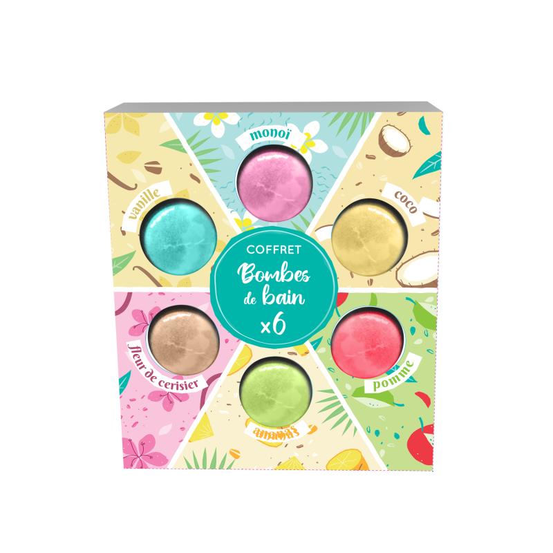Coffret 6 bombes de bain- Senteurs assorties - Monoï/Coco/Pomme/Ananas/Rose/Vanille- 6 x 120gr - French Tendance